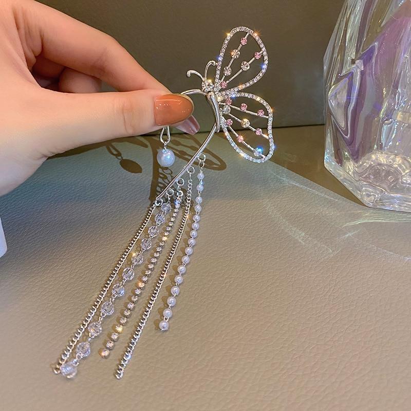 Módní křišťálový motýlek klip na náušnici Perlový korálek náušnice manžeta dlouhý střapec přívěsek duté náušnice pro ženy klip šperky dárky