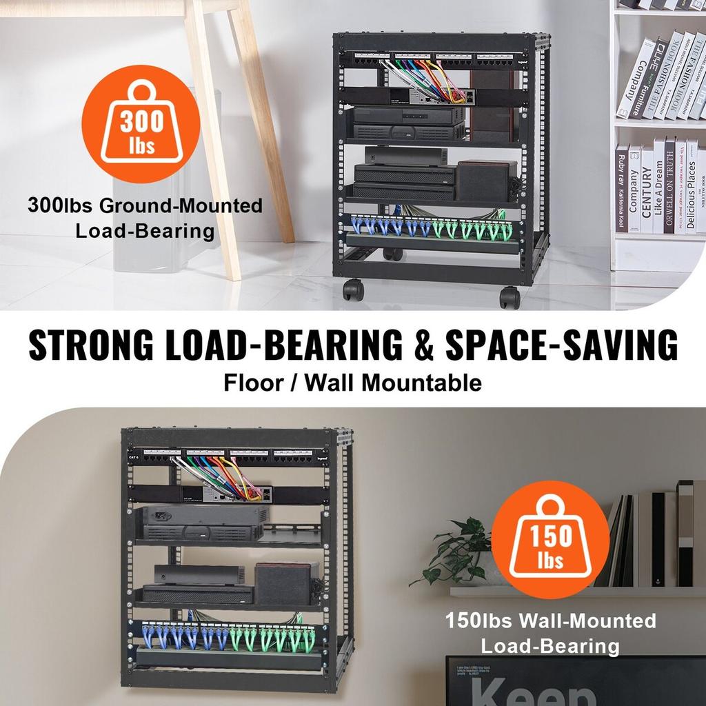12U Open-Frame Server-Rack, 15''-40'' Verstellbare Tiefe, Freistehendes oder Wandmontage-Netzwerk-Server-Rack, 4-Pfosten AV-Rack mit Rollen, Bietet Platz für All Ihre