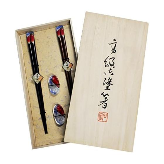 Ishida Paulownia Box Ukiyo-e Couple Lacquered Chopsticks with Chopstick Rests Set, Red Fuji, 23cm & 20.5cm, Set of 2 Pairs