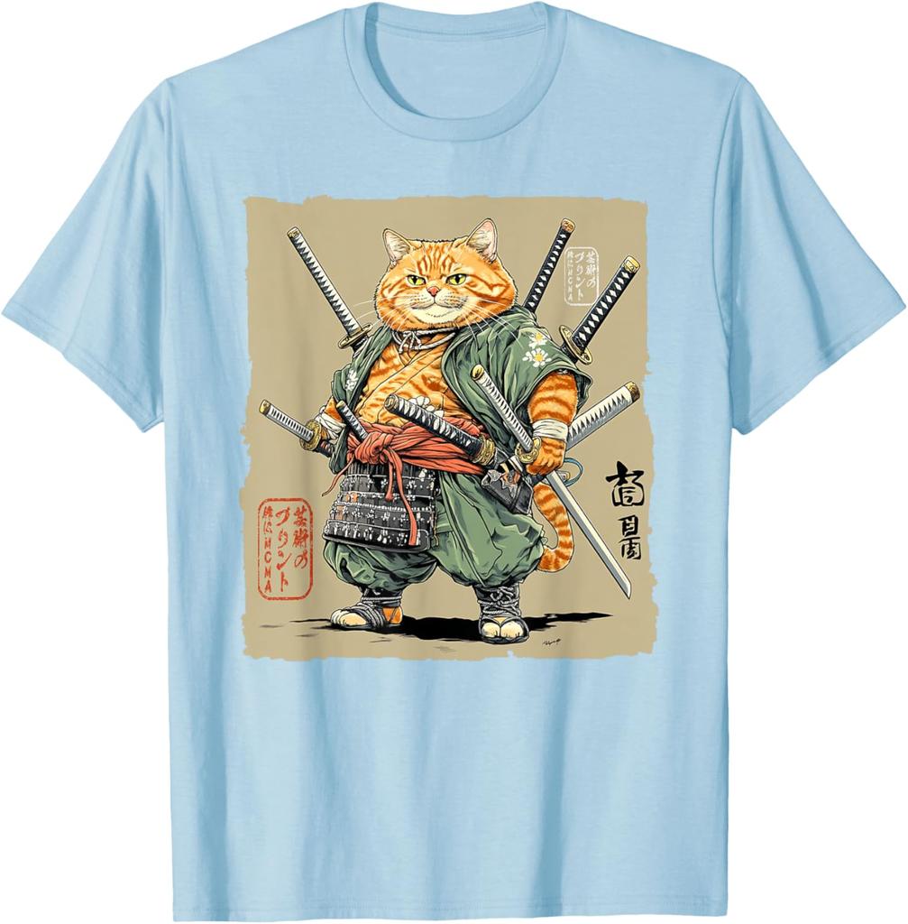 Samurai Cat Warrior Swords Graphic Tee Mens Cotton Casual TShirt