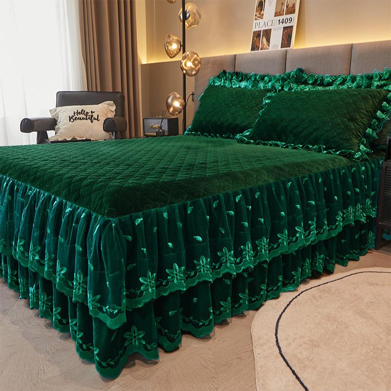 Winter Thickened Baby Fleece Lace Bed Skirt Quilted To Keep Warm Milk Fiber Bedspread Princess Lace Bedding