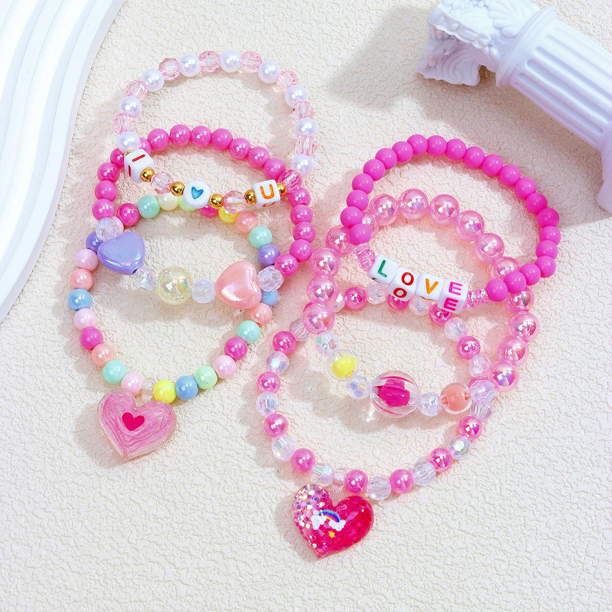 6-Piece Acrylic Beaded Bracelet Set with Heart Charm, Colorful Kids Wristbands Children s Gift Accessories