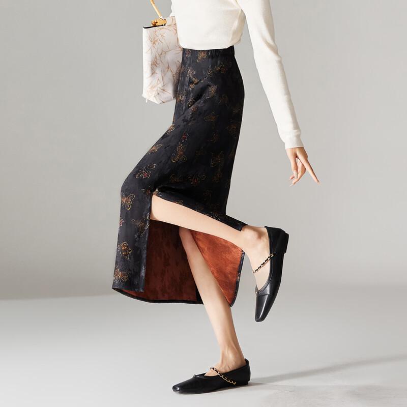 SOFSIL 2026 Spring New Chinese Style Butterfly Print Black Slit Midi Skirt 29/XL