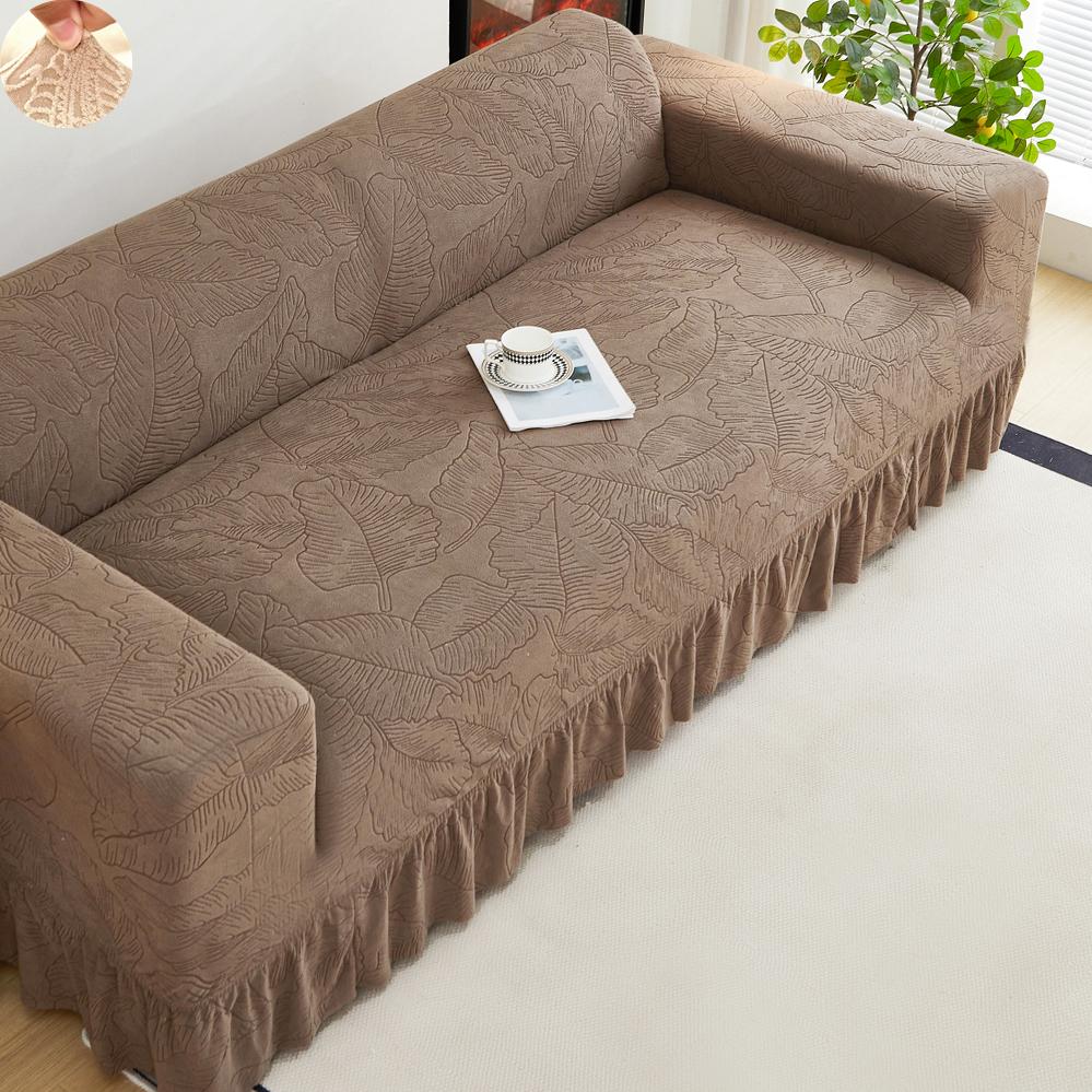 Non-slip Stretch Couch Cover 1/2/3/4 Seater Jacquard Solid Color Sofa Cover With Skirt for Bedroom Office Living Room Home Decor