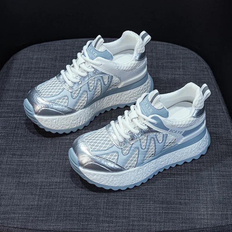 Fashion 7CM Women Summer Spring Air Mesh Shoes Mules Shoes Hollow Chunky Sneaker Slides Sandals Platform Wedge Microfiber Platform Wedge