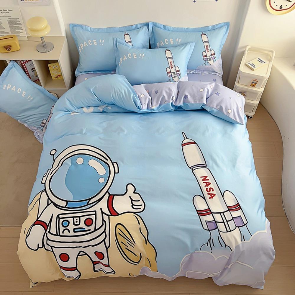 

Милый мультяшный мотив космонавта, Комплекты постельного белья из микрофибры, Детский декор для кровати Пододеяльник для подростков взрослых из 3 предметов на молнии 90x200cm