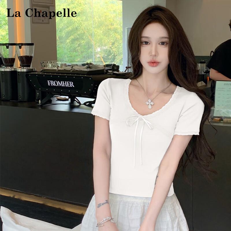 La Chapelle Women s V-Neck Lace-Up Short Sleeve T-Shirt S