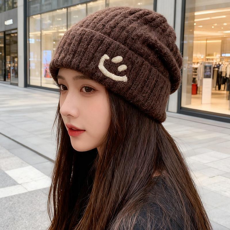 

Warm Knitted Hat With Smile Face Design For Winter And Fall Comfort Coffee