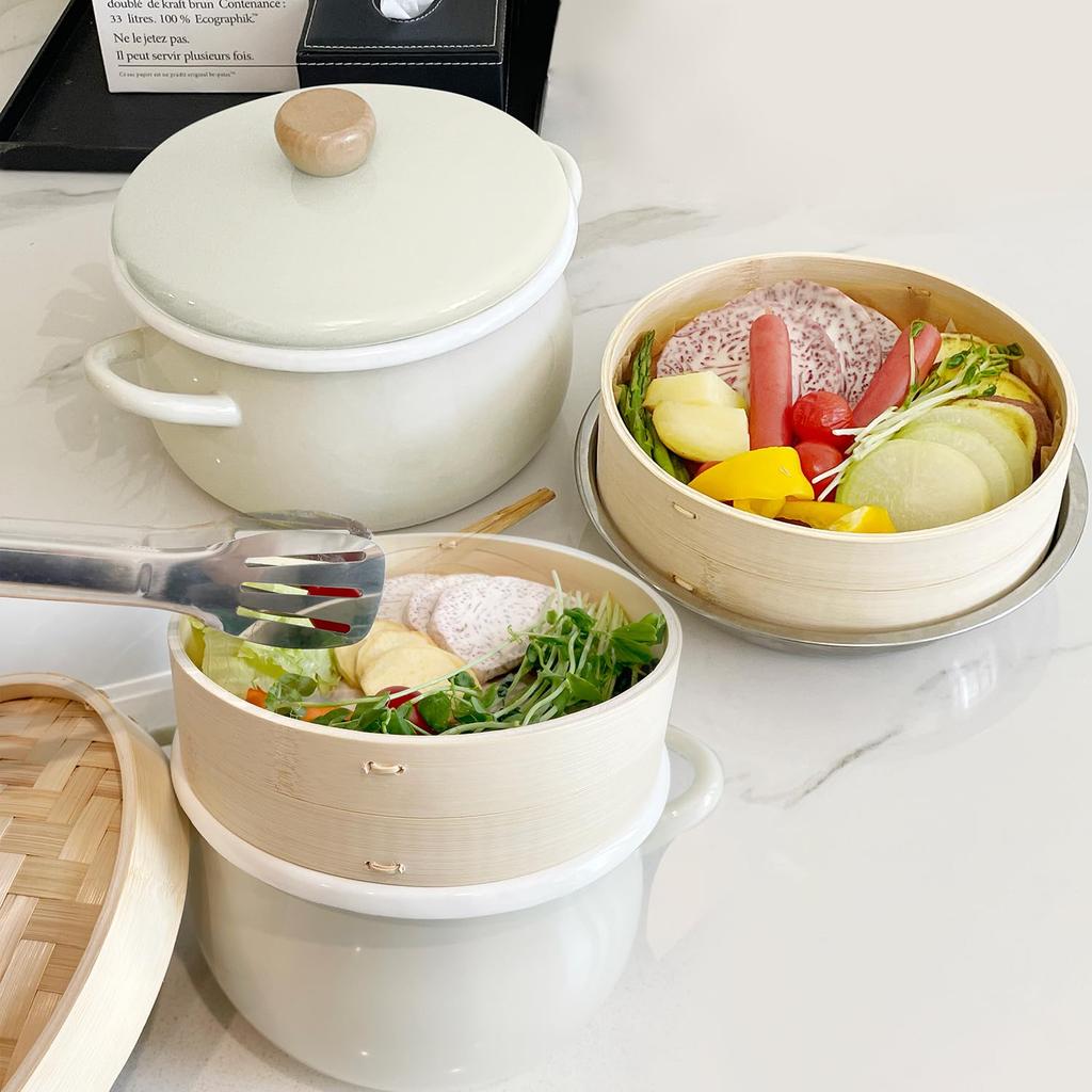 DQ CORAL and Gas Enamel Pot with Oil and Perfect for Hot Pot Simmered and Oden [Induction Compatible] Lid, Greige, 22cm, Enamel, Frying, Tempura,
