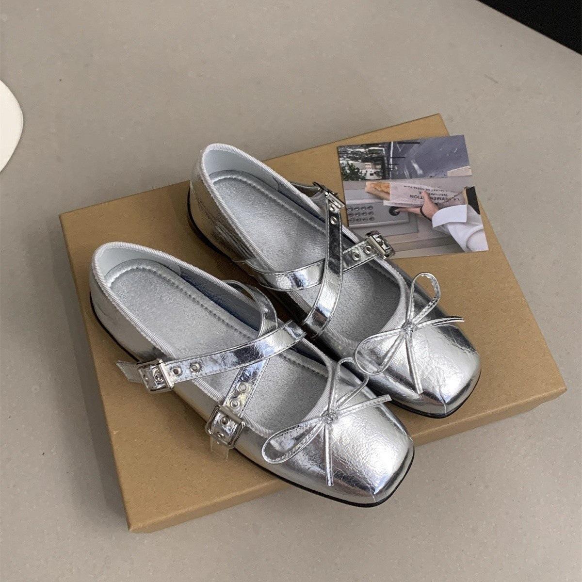 Niche Cross Belt Buckle Sweet Cool Bow Mary Jane Small Leather Shoes Autumn Ballet Shoes 39