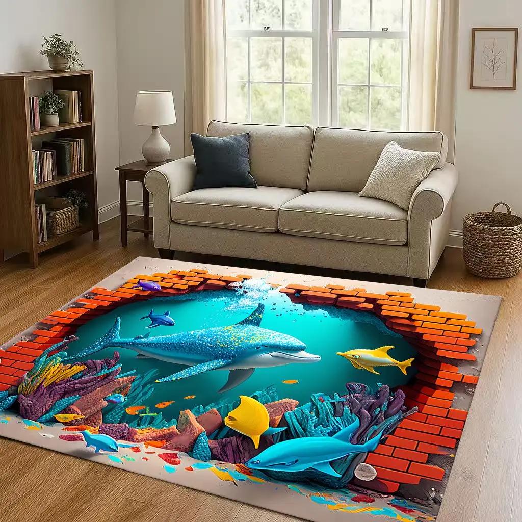 3D Illusion Underwater World Breaking Wall Living Room Non-Slip Area Rug Carpet for Bedroom Playroom Sofa,Home Decor Doormat