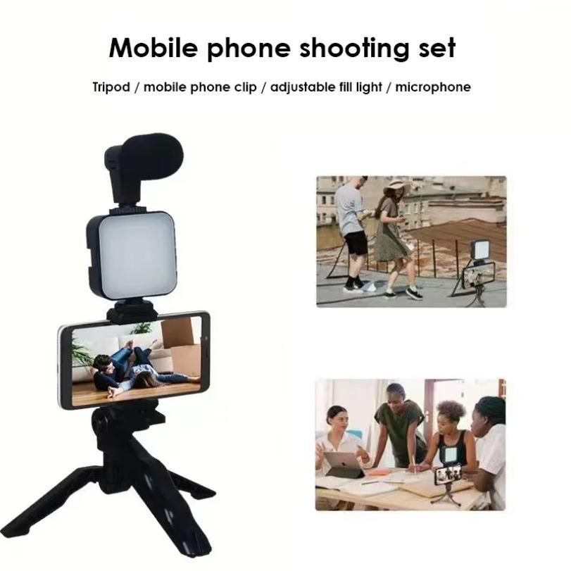 Portable Desktop Simple Phone Holder Live Streaming Microphone Tripod Kit LED Fill Light for All Smartphone Live Record Mount