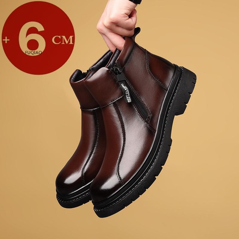 6cm Höherwachsende Schuhe Für Männer Echtes Leder Winter Schneestiefel Mit Wollfleece-Futter Seitenreißverschluss Warme Knöchelhohe Stiefel