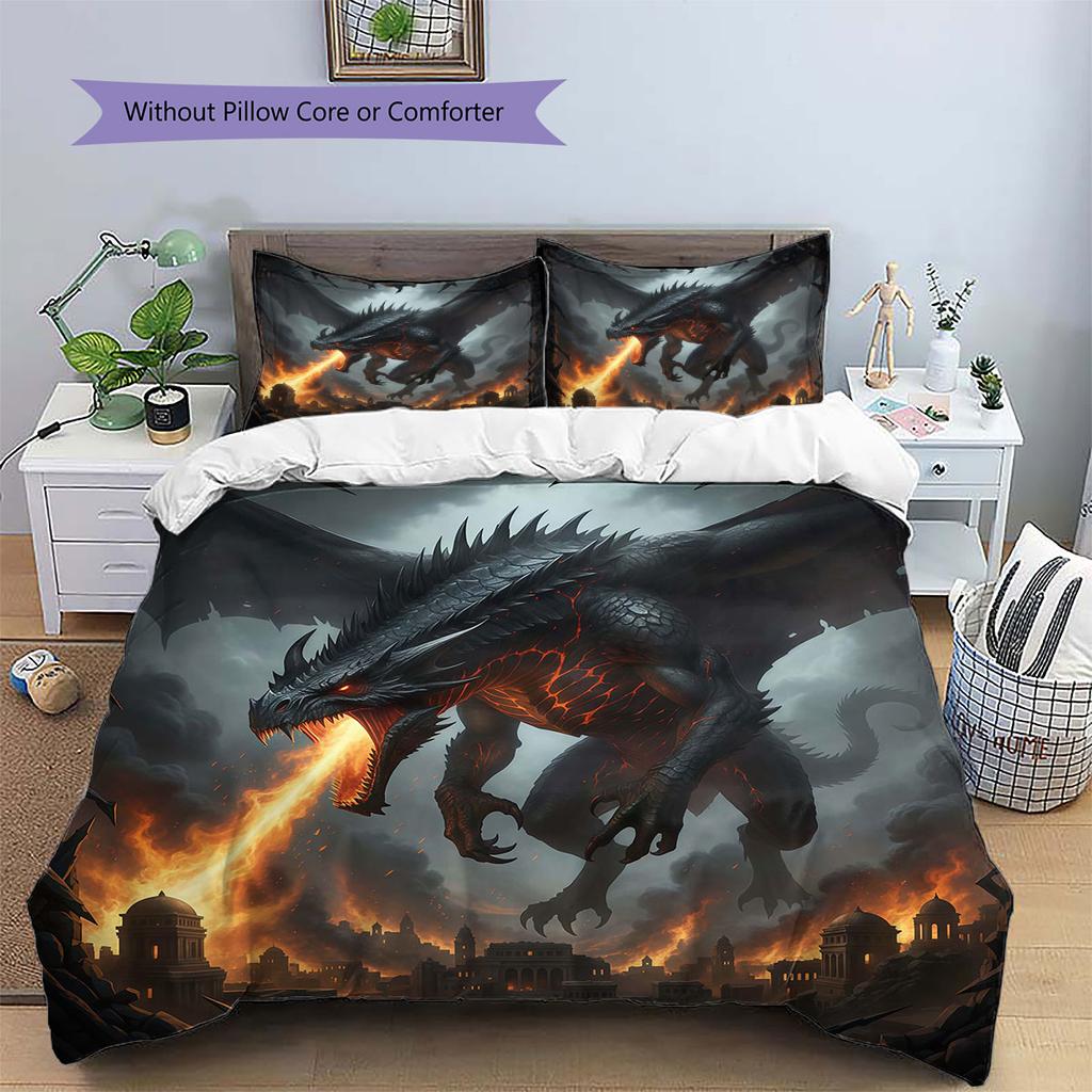 Theevildragon Pattern Bedding Quilt Set Quilt Cover Pillowcase Home Decoration Birthday Gift (1 * duvet cover + 2 * pillowcase, without core)