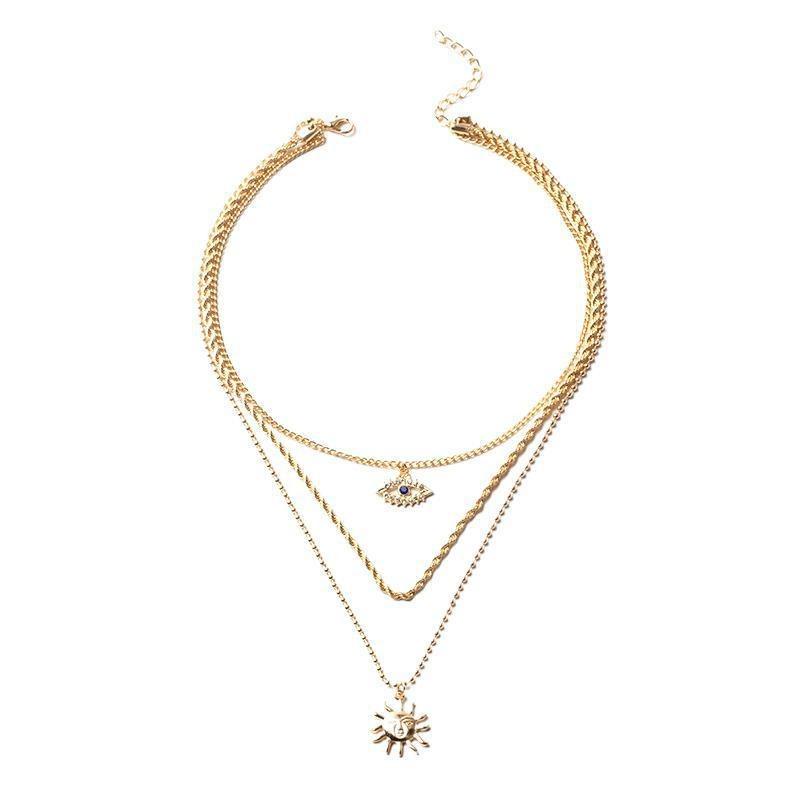 Bohemian multi-layer necklace women's retro sunflower pendant niche stacked wearing collarbone chain accessories hokr neck chain