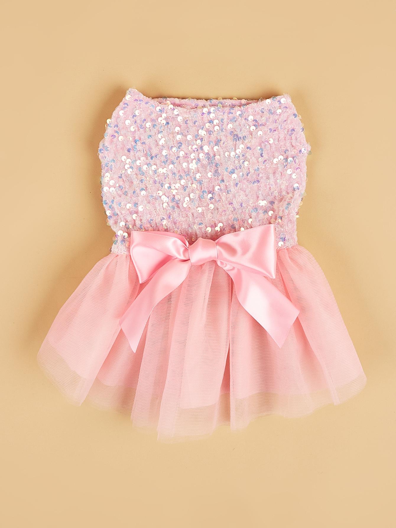 

Pet Dress Dog Princess Cloth Sequin Bowknot Puppy Dresses with Tulle Doggie Kitten Costume XS（old） розовый
