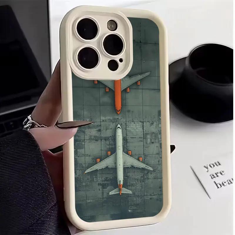 Premium Airplane Pattern Phone Case For IPhone 16 15 14 11 13 12 Pro Max 7 8 Plus X XR XS SE Soft Leather Shockproof Back Cover
