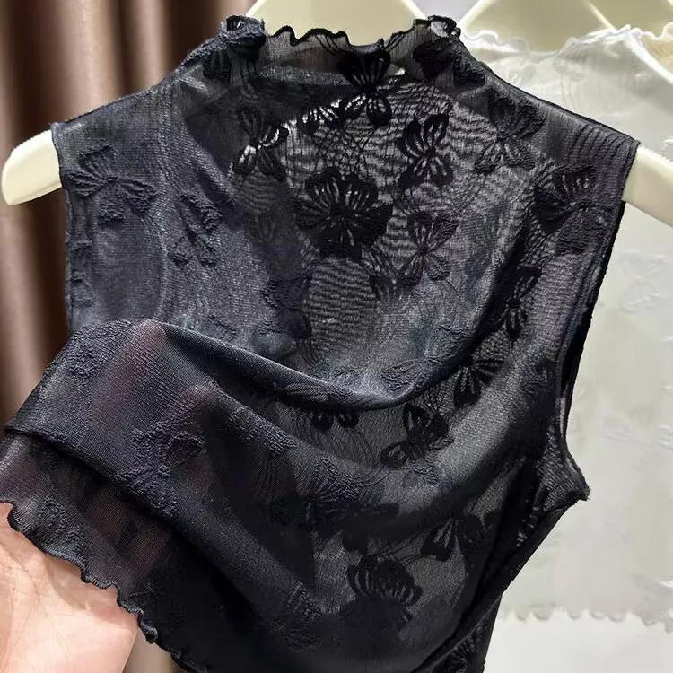 

WTEMPO Полувысокий воротник, сетчатый жилет без рукавов, женские стильные деревянные ушки, тонкая марля, большой размер, однотонные майки XXL чёрный