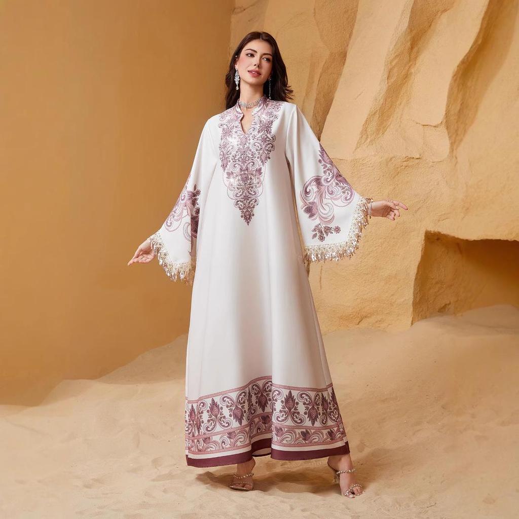 NC12 Cross-border Middle Eastern Print Muslim Evening Robe for Women - New Light Luxury Dubai Dress