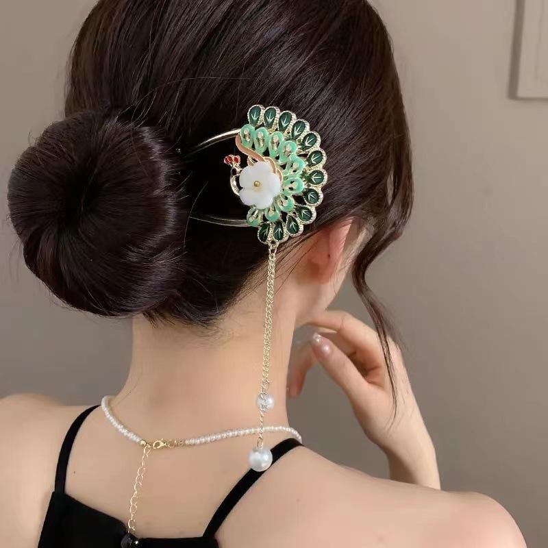 Eleganter Haarkamm im chinesischen Stil mit floralem U-förmigem Design, Quasten-Haarstab, luxuriöses Frisur-Accessoire, Damenschmuck, Haarnadel
