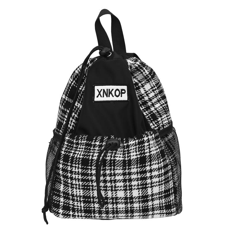 Woolen Plaid Drawstring Shoulder Bag Trendy Student Schoolbag Simple Personalized Backpack