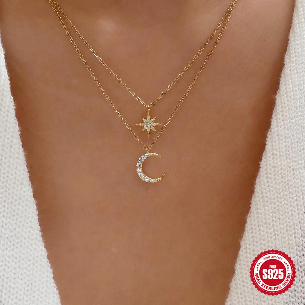 S925 Sterling Silver Double-Layer Stacked Star Star Moon Diamond Women'S Necklace Collarbone Chain Commuting Worry-Free Match