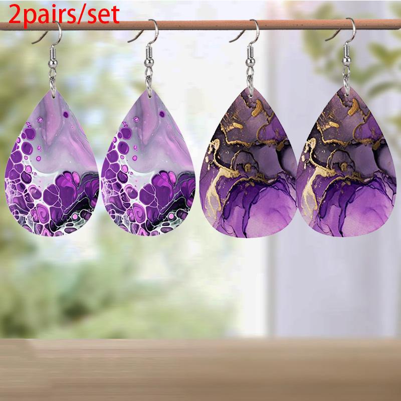 

Фиолетовые серьги-капли из ПУ кожи для женщин, абстрактные креативные серьги-капли с мраморным узором, модные универсальные серьги, ювелирные изделия
