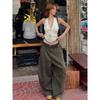 American Sexy Army Green Profile Tooling Style Denim Female Stylish Loose Slim Looking Casual Wide Leg Matchet Pants