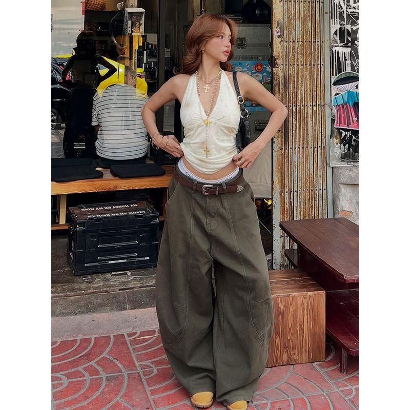 American Sexy Army Green Profile Tooling Style Denim Female Stylish Loose Slim Looking Casual Wide Leg Matchet Pants