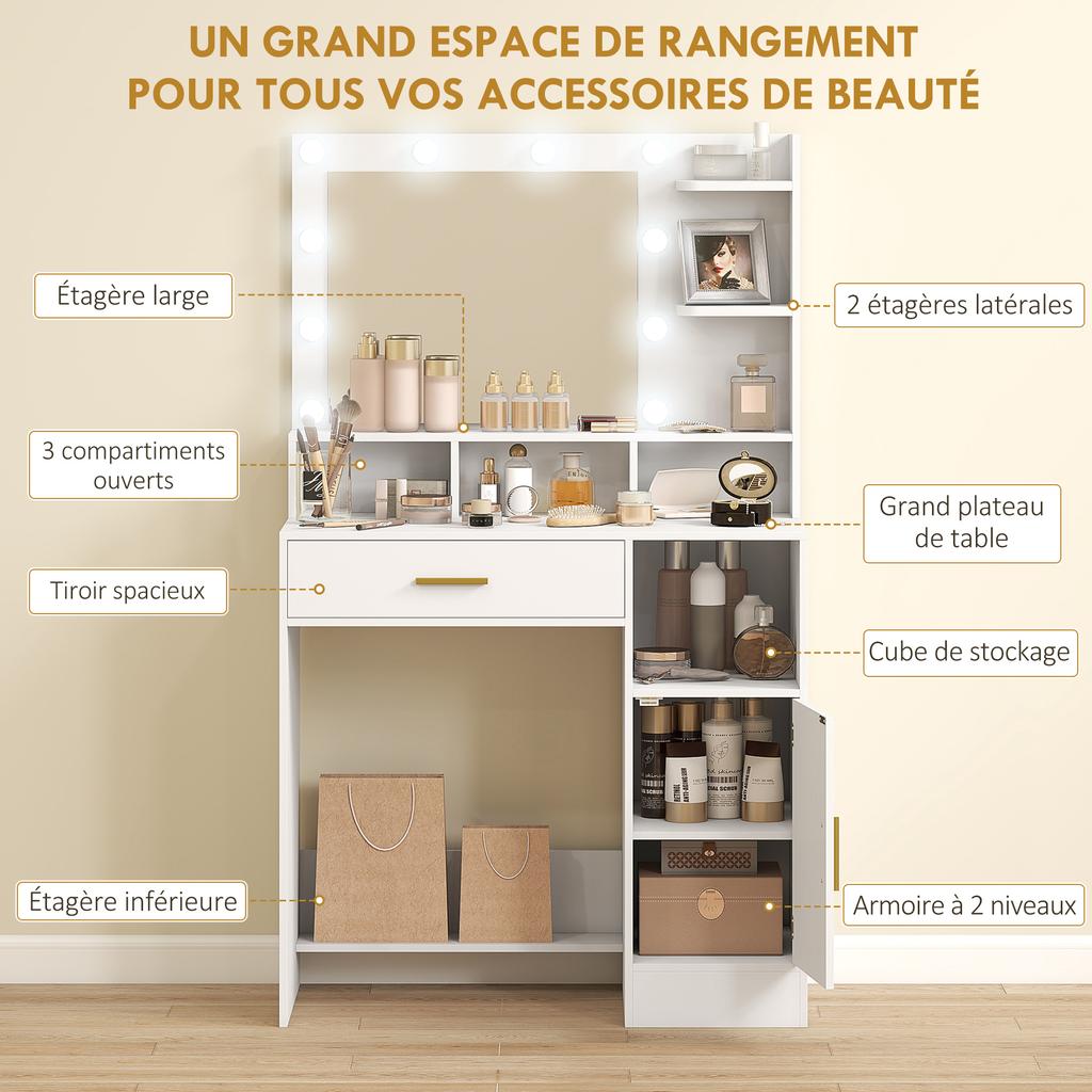 Dressing Table With Mirror And 10 LED Lights Adjustable Brightness Drawer Cupboard And Open Shelves 80x40x135cm White