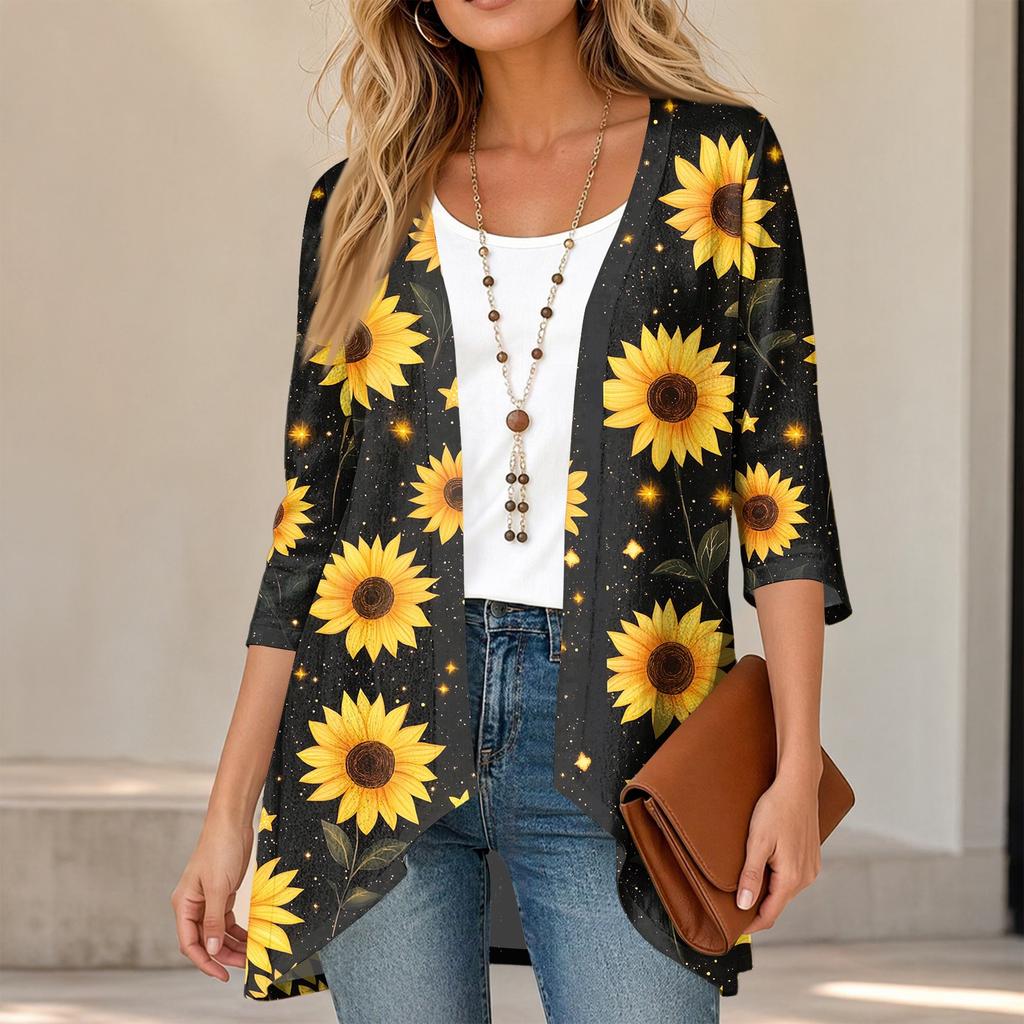 Women's Vintage Floral Print Three-Quarter Sleeve Lightweight Cardigan for Casual Daily Wear