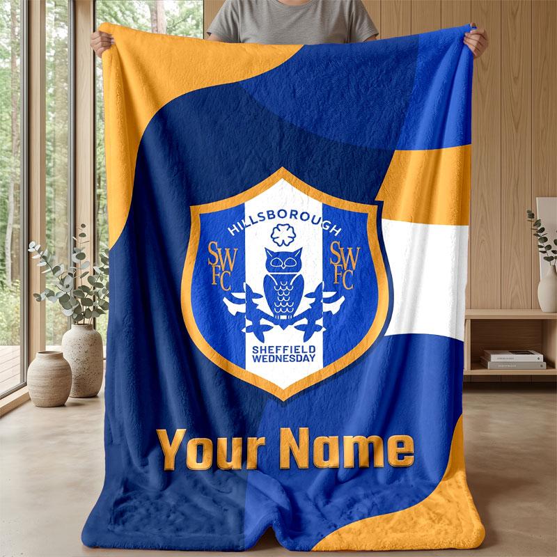 Sheffield Wednesday FC Custom Name Text Flannel Blanket Soccer Logo Personalized Fleece Throw Blanket Special Gift For Sofa Bedroom Home
