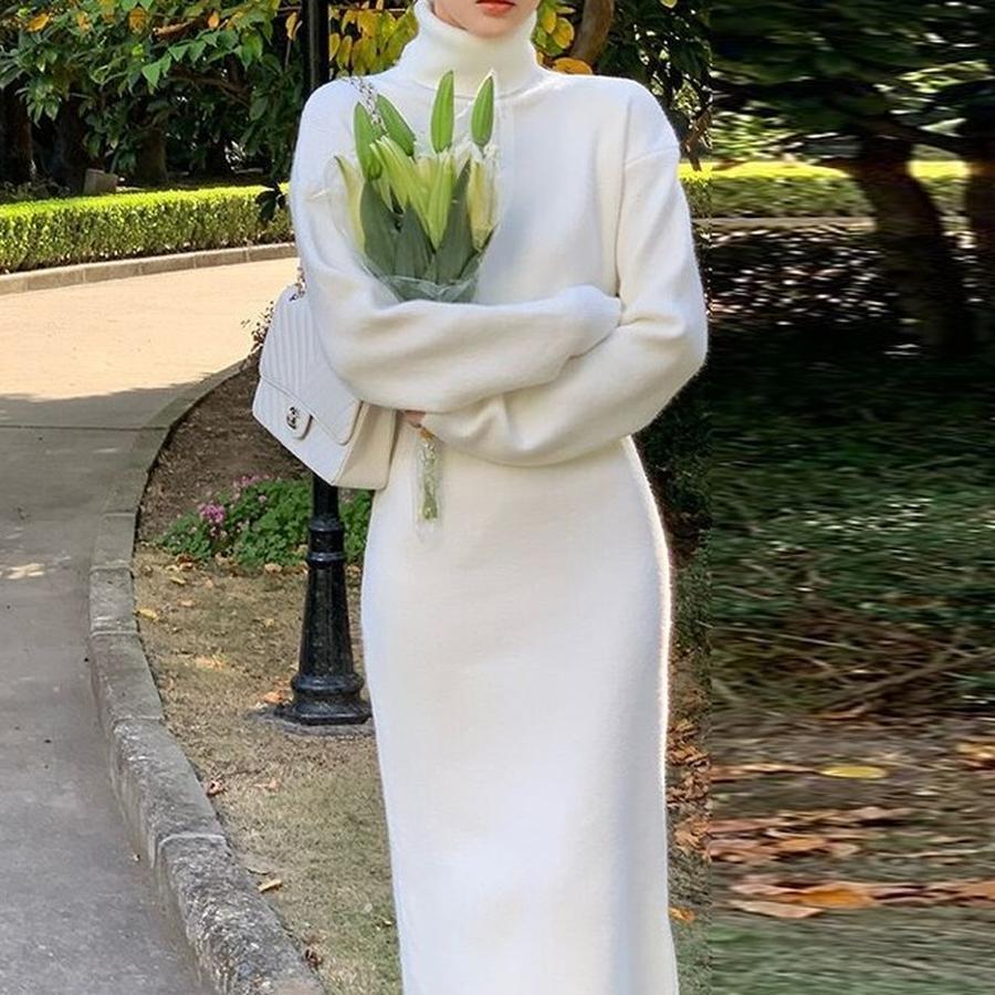 

Long-Sleeve High Neck Knit Dress with Wide Leg, Korean Style Inner Dress for Women Autumn Winter One Size білий