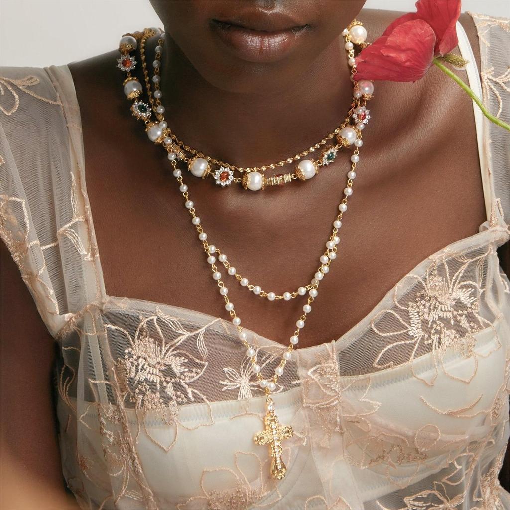 Cross Necklace Set For Women With Pearl Chain And Gemstone Pendant For Style Jewelry