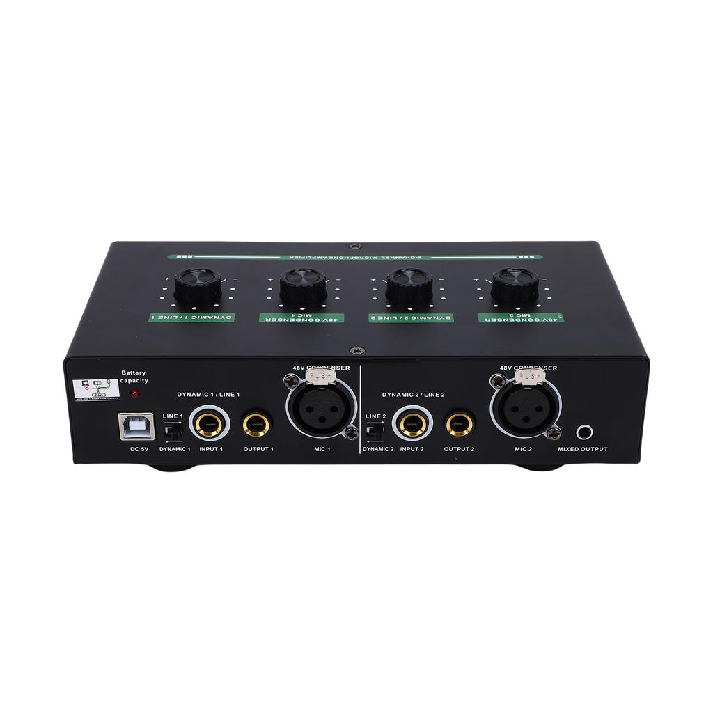 2 Channel Microphone Sound Interface Amplifier with Reverb 2 Input 48V Phantom Power Rechargeable Compact Design for