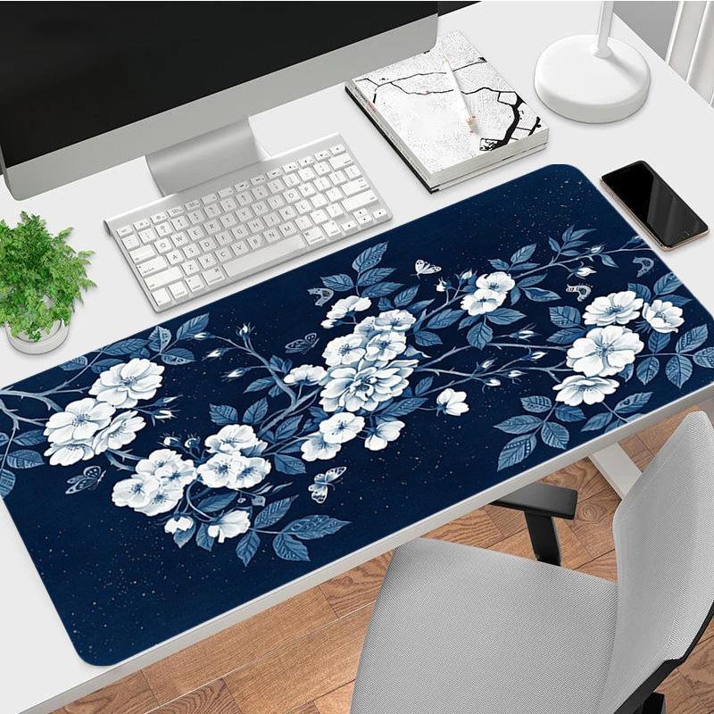 Blue Flowers Xl Gaming Mouse Pad Nonslip Rubber Base Stitched Edge Waterproof Desk Mat For Pc Laptop Gamer Office Computer Accessories C927118