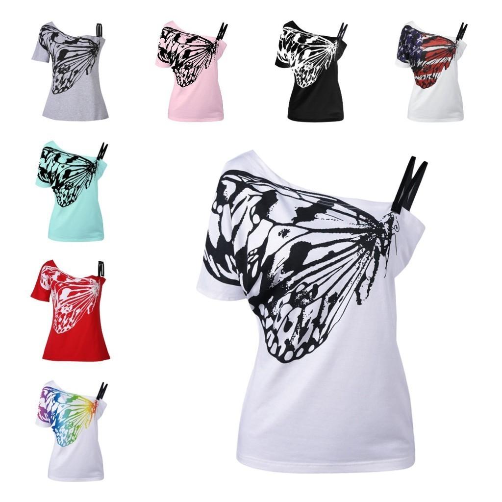 Trendy Summer Butterfly Print Off-shoulder T-shirt For Women Loose Fit