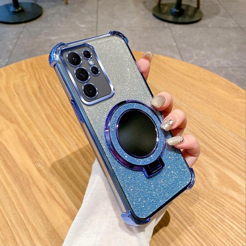 Husă Glitter cu Suport Oglindă Pentru Samsung Galaxy A17 A36 A16 A06 A26 A56 A55 A35 S25 Ultra S24 FE A25 Suport Magnetic Husă Transparentă