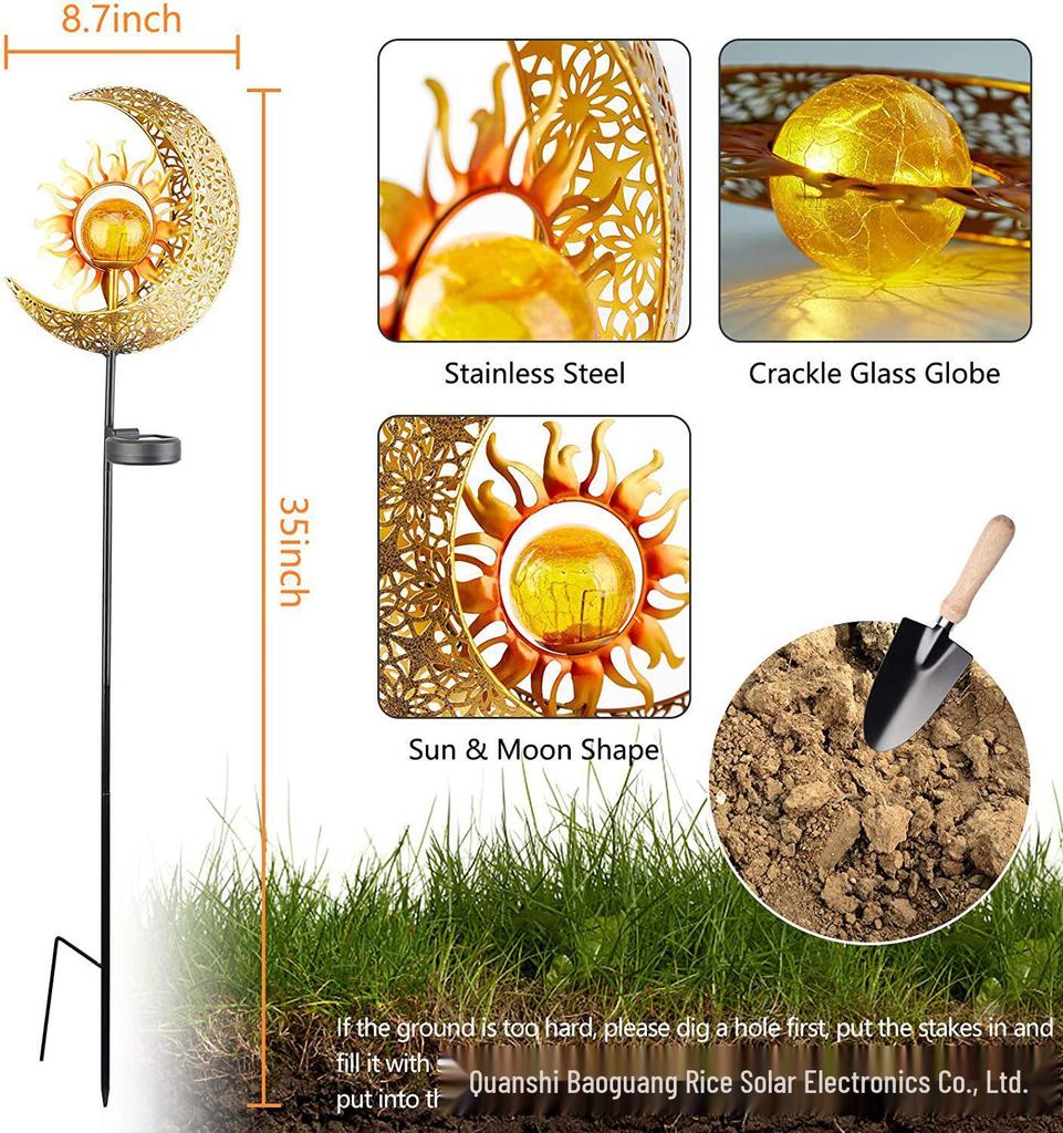Antique Iron Art Solar Garden Lights: Moon & Sun Design Landscape Spotlight