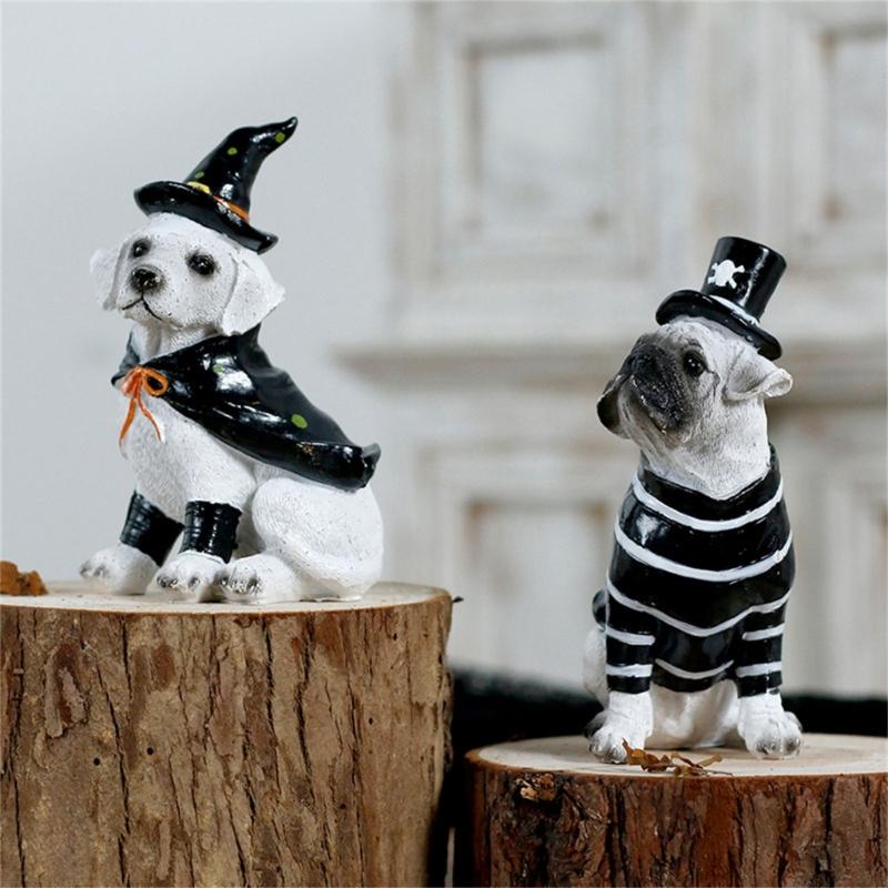 Witches/Pirate Dog Figurines Resin Sitting Dog Statue Animal Sculptures Garden Decors Halloween Decorations for Porch