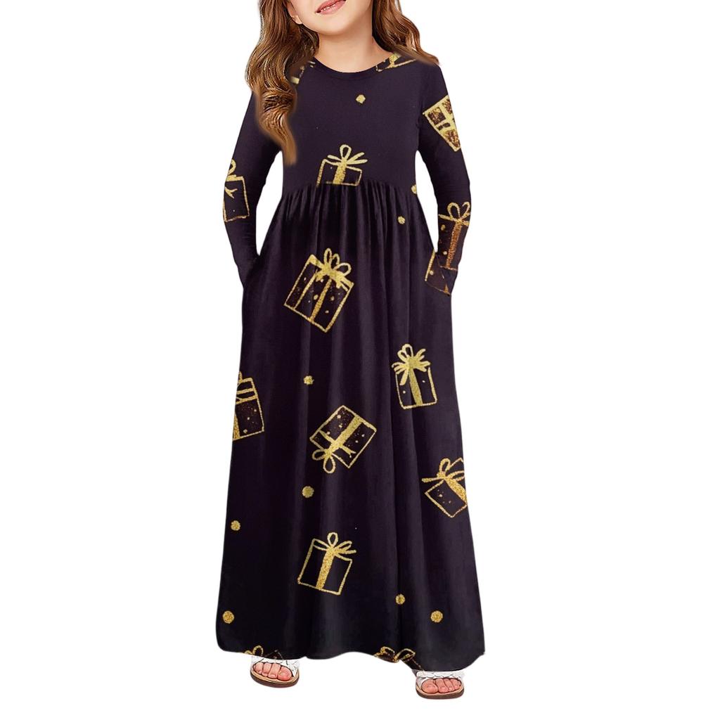 Girls' Maxi Dress - Long Sleeve Pocket Dress Christmas Day