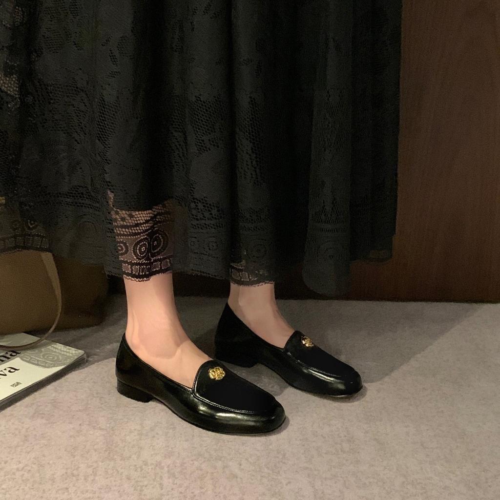 Sheepskin Version~ Extravagant French Camellia Round Head One-pedal Commuting Loafers Leather Flat-soled Single Shoes Small Leather Shoes