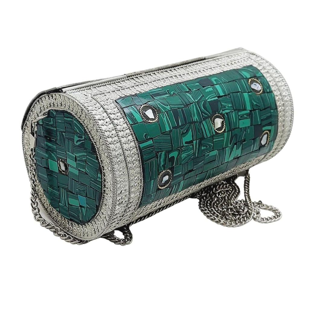 Eye Catching Handmade Cylinder Round Ethnic Stone Metal Bag Antique Bridal Clutch