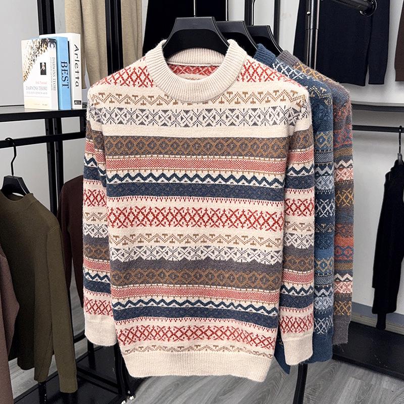 Men s Color Block Retro Jacquard Knit Sweater Winter 2025 M
