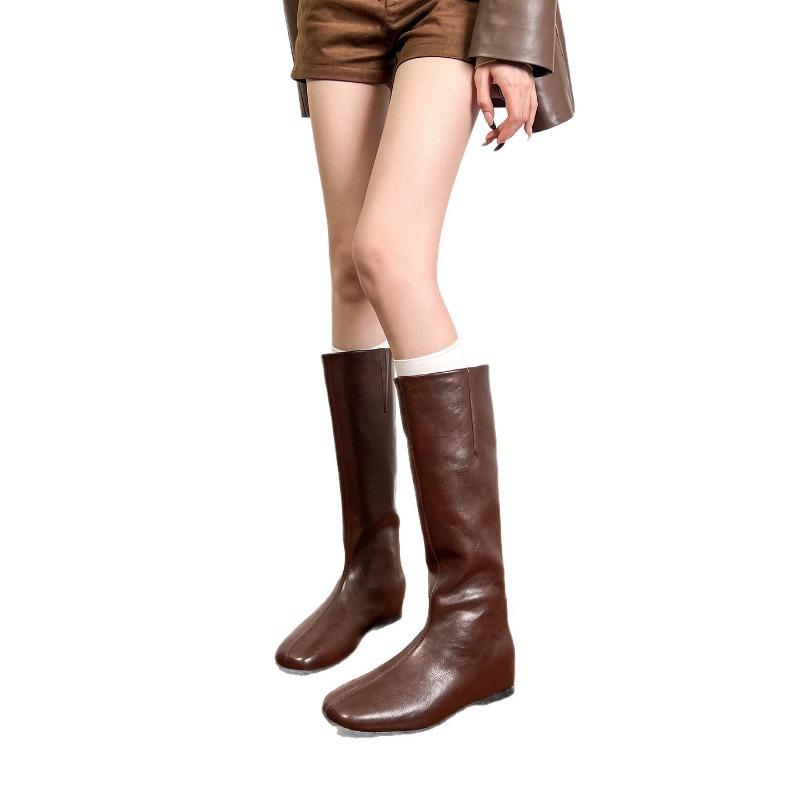 Height Increase Cm~ Leather Thin Boots Women's Autumn and Winter New Flat-bottomed Soft Thin Boots Medium and High Knight Boots