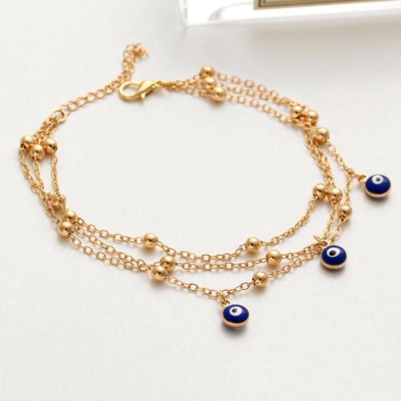 Women Multi-layered Beaded Anklet Blue Eye Pendant Jewelry
