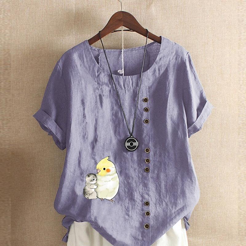 Women's Fashion Cat Parrot Prined Round Neck Short Sleeve T-shirt Casual Cotton Linen Graphic Shirt Leisure Loose Summer Blouse Tops Plus Size