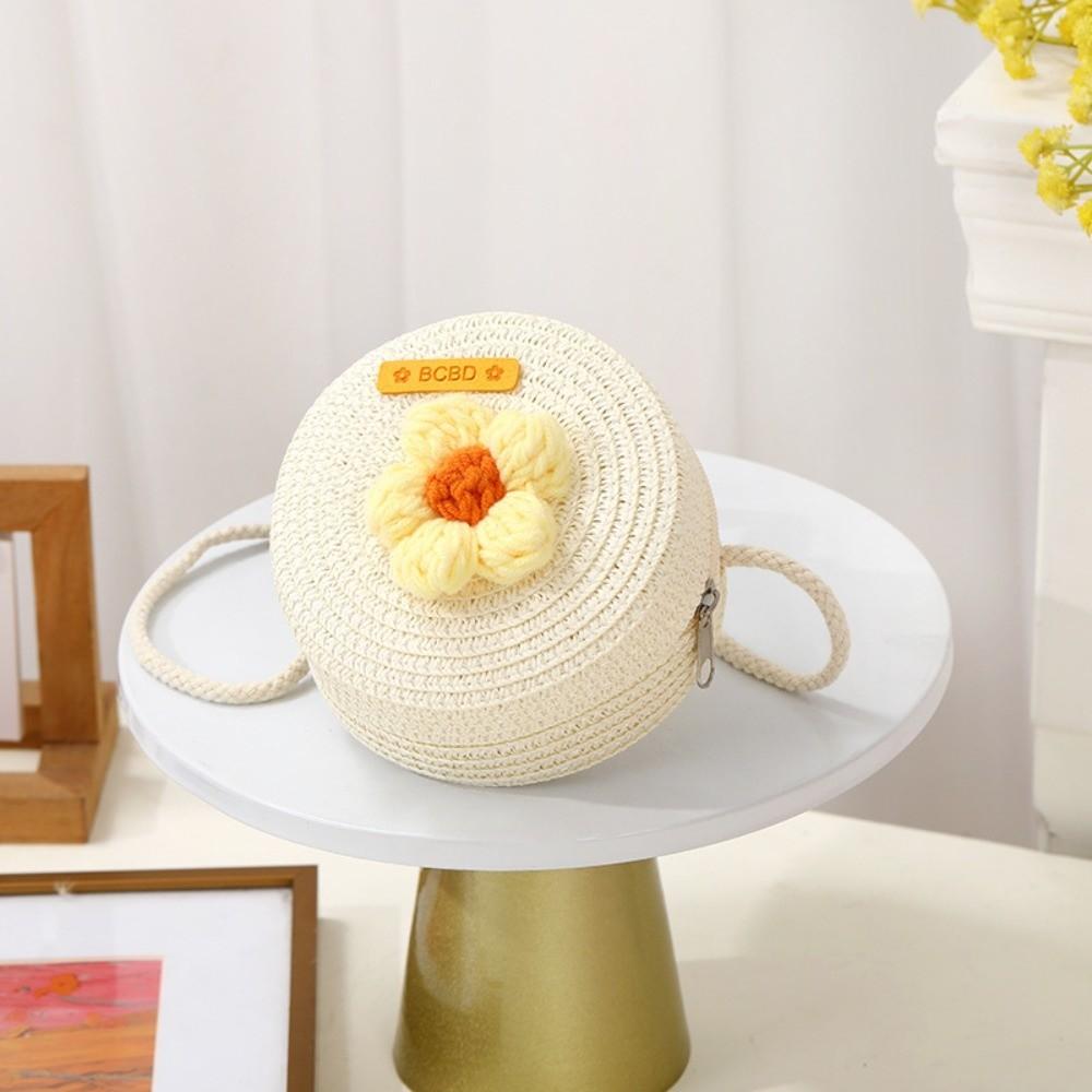 Cute Handmade Straw Bag Flower Shape Woven Shoulder Bag Summer Beach Bag for Children Girls