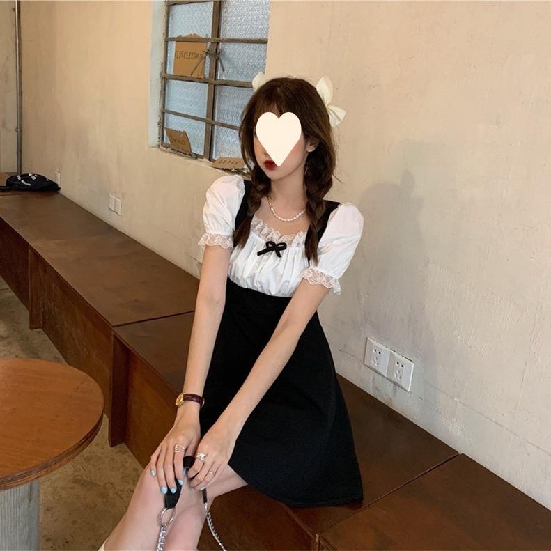 Super fake two-piece dress sweet and cute bubble sleeve first love dress splicing small black dress waist and thin