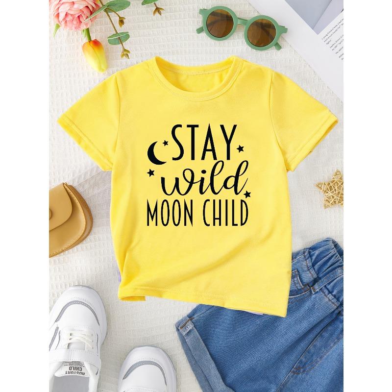 European Size Girls Round-neck Short-sleeved T-shirt with Unique English patternsWSL Girl STAY Wild MOON CHILD